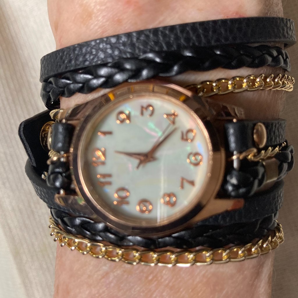 Wrap Around Watch With Gold Chain And Black Faux Leather Straps
